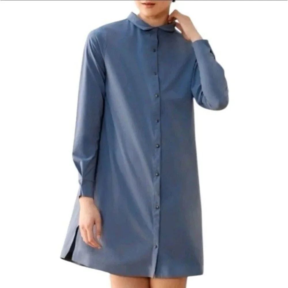 Aday Back To Front Travel Shirt Dress with Pockets Size S Mineral Blue